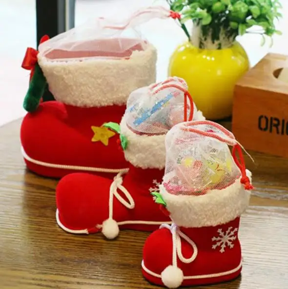 200pcs Christmas Gift Candy Boot Shoes Stocking Holders XMAS Party Drawnstring Filler Bags Holiday Festivel favor Red