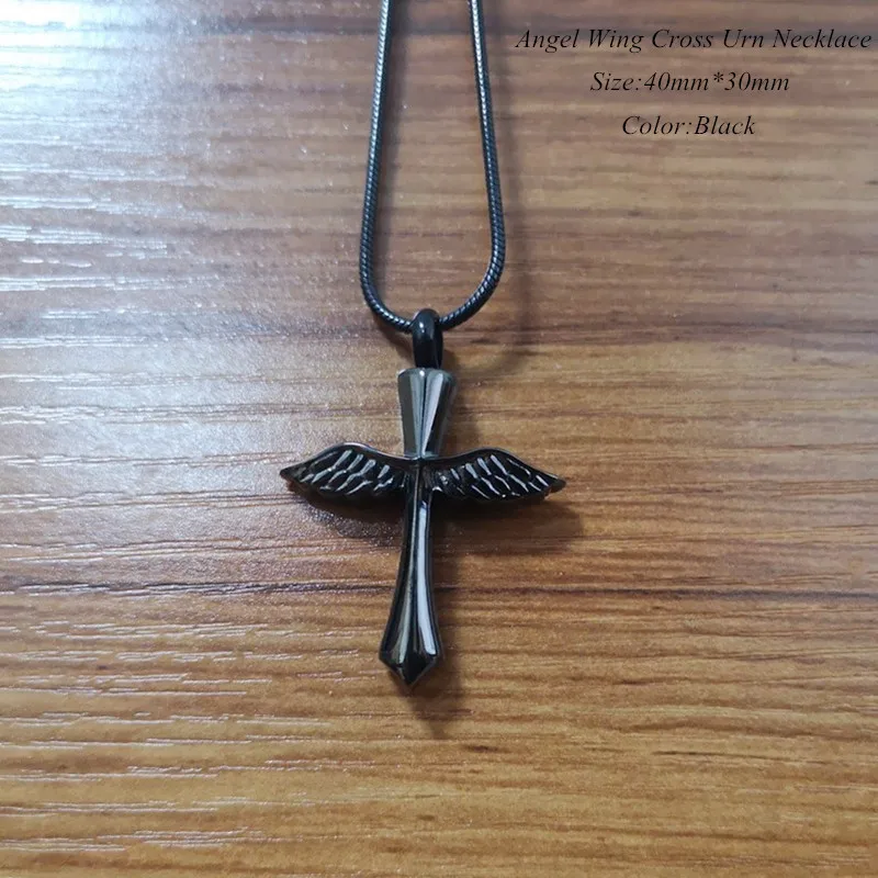 

Black Color Winged Cross Cremation Jewelry Stainless Steel Angel Cross Memorial Ashes Jewelry to put Loved one's Cremains