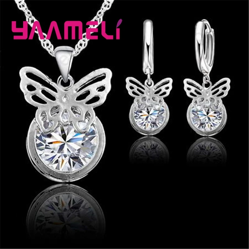 925 Sterling Silver Earrings Necklace Sets Fashion Elegant Sweet Romantic Style Insect Butterfly Fly Shape For Women