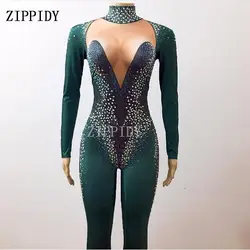 Glisten AB Rhinestones Sexy Green Jumpsuit DS DJ Female Singer Dance Nightclub Show Costume Big Stretch Performance Outfit Wear