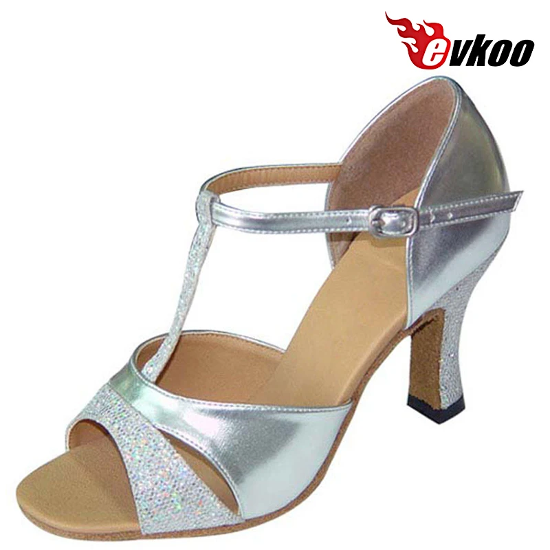 Evkoodance Pu Sparking Latin Salsa 7cm Heel Height Dance Shoes  Woman Golden Sliver Purple Bright  Color DIY Party Dance Shoes