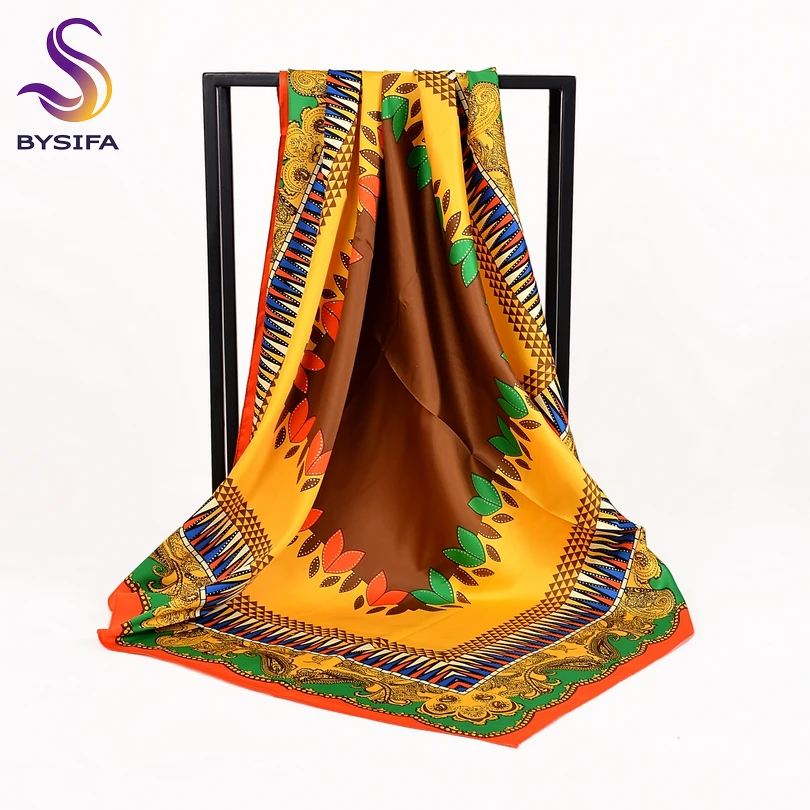 [BYSIFA] Women Rose Silk Scarf Shawl Spring Autumn Large Orange Green Square Scarves Wraps New Design Ladies Head Scarf Cape