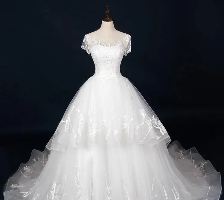 BANVASAC Sheer O Collo 2018 Del Merletto Dell'abito di Sfera Abiti Da Sposa Appliques Ricamo Foto Reali Cattedrale Treno Abiti Da Sposa