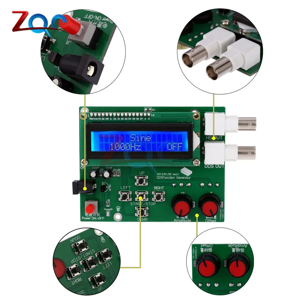 DDS Function Signal Generator Module Sawtooth Triangle Wave Sine Square Sawtooth Wave Kit 1Hz-65534Hz DC 7V-9V LCD Display