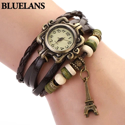 Women Genuine Leather Vintage Quartz Watch Multi Layer Handmade Bracelet Wristwatches Adjustable Length Couple Watch Bangle