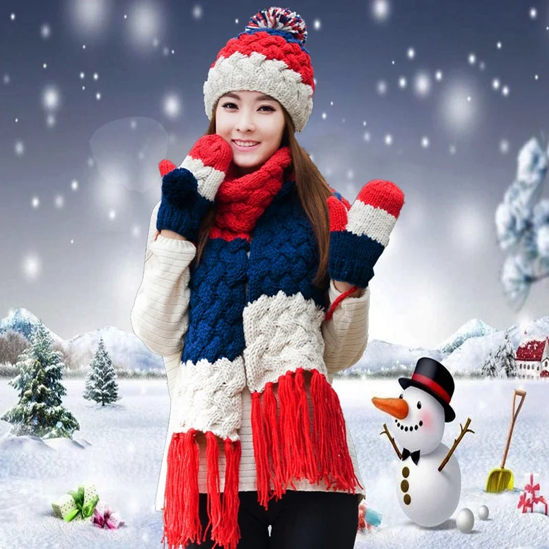 Hat scarf gloves three pieces set one piece muffler scarf girls female winter knitted hat christmas birthday gift thickening