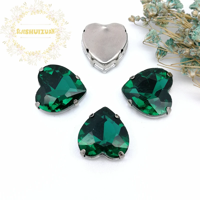 Best-selling! Malachite green heart shape Glass Crystal sew on rhinestones with four claw Diy Wedding dress and Shoes