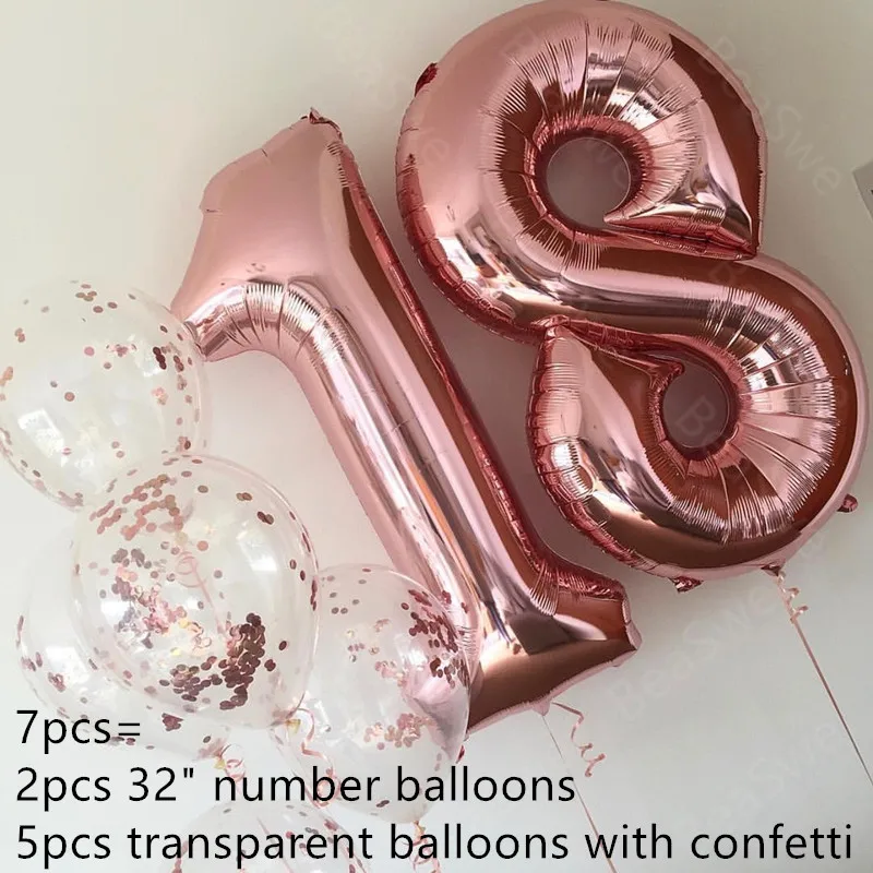 7pcs/lot Large Size 32inch Rose Gold Foil 18 Number Balloon with confetti Adult Birthday Party Decor Anniversary Helium supplies