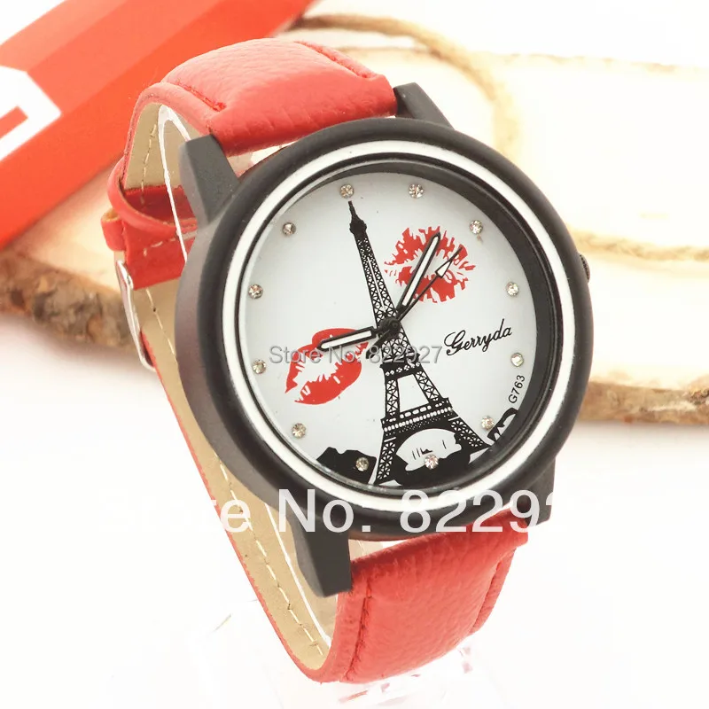 

Gerryda 763 lady's quartz watches,eiffel tower and kissing mouse design dial,Pu leather band,black plate case, quartz movement