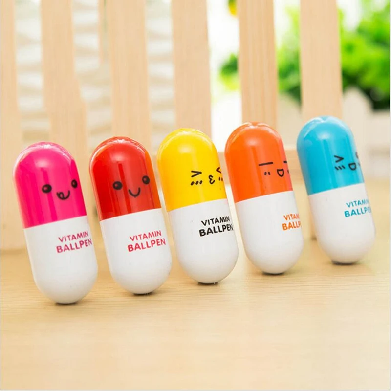 

6Pcs / Lots Of Cute Smile Face Capsules Dots Pen Cartoon Expression Student Stationery Telescopic Vitamin For School Use