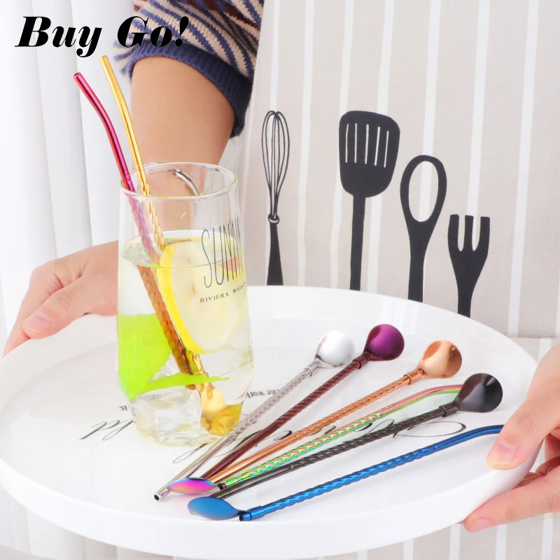 Reusable Stainless Steel Long Drinking Straw Spoon Spiral Pattern Cocktail Milk Coffee Juice Stirring Spoon With Brush Bar Tools