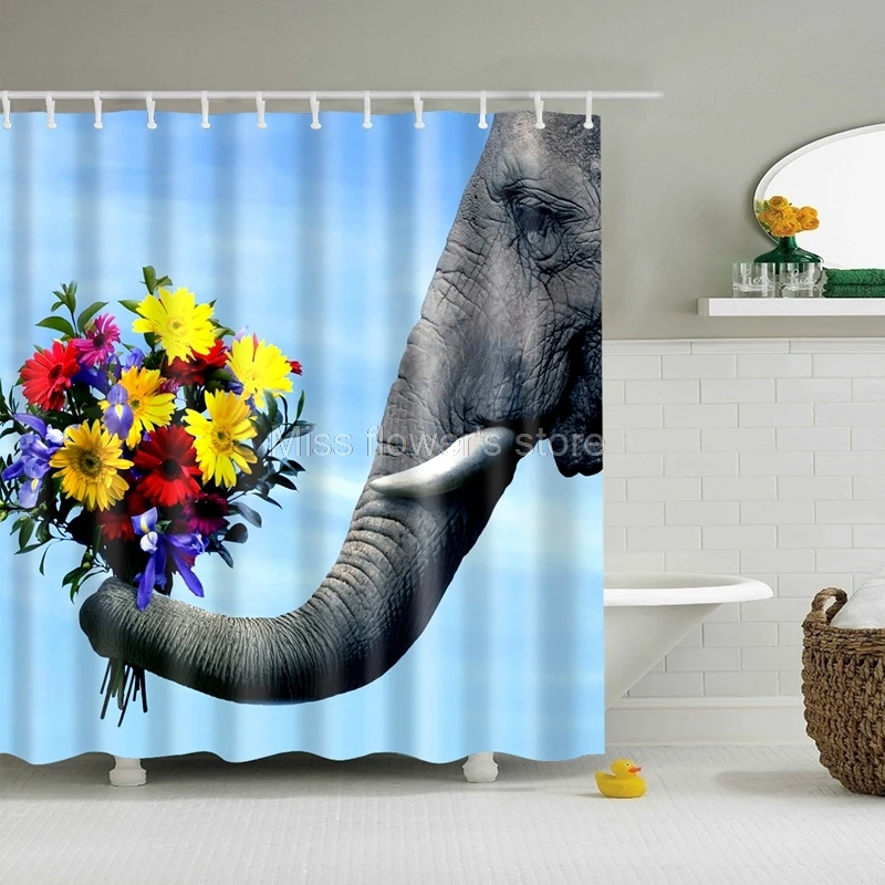 Elephant Flower Pattern Design Custom Shower Curtain Bathroom Waterproof Mildewproof Polyester Fabric With 12 Hooks