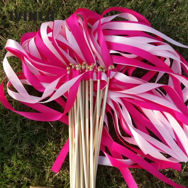 50/20/10pcs/lot fushia and pink  ribbon wedding wands stick With golden Bells for wedding party