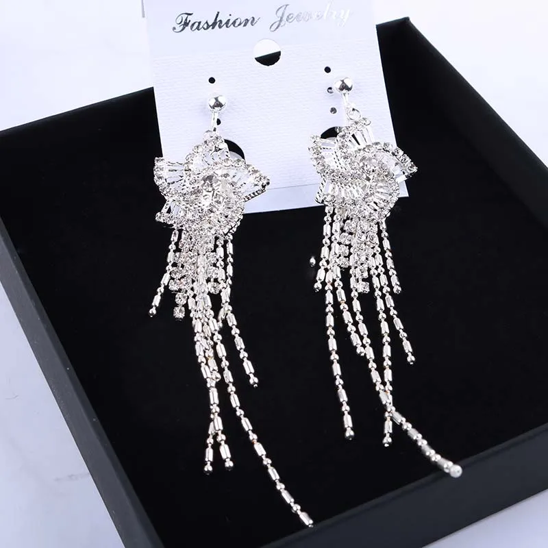 Gold Silver Hollow Flower Fringe Clip On Earrings No Pierced Rhinestone Dangle For Female Wedding Party Star Ear Clips Jewelry