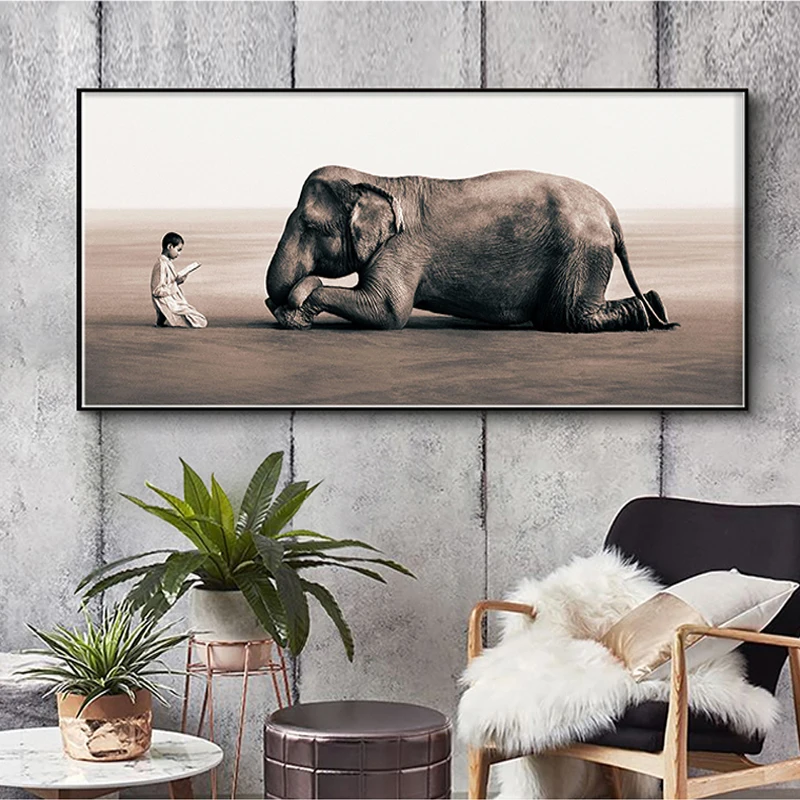 

Large Size Devout Buddhism Monk and Elephant Canvas Painting Ashes and Snow Poster Religious Print Wall art Picture Living Room