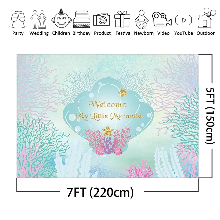 Photography Background Ocean Shell Under The Sea Seaweed Child Happy Birthday Theme Party Mermaid Backdrops Photobooth