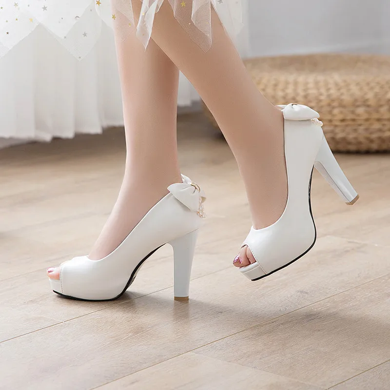 YMECHIC 2022 White Wedding Shoes Bride Women High Heel Pumps Peep Toe Slip Bowtie String Bead Ladies High Heels Shoes Plus Size