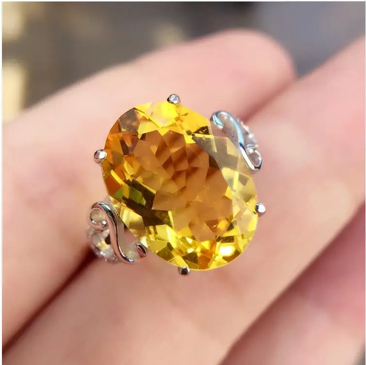 Citrine ring Natural real citrine 925 sterling silver Fine yellow crystal jewelry Handworked jewelry Gem 12*16mm