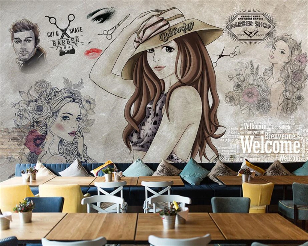 

Custom size wallpaper high fashion modern fashion hand painted beauty shop barber background wall mural photo 3d wallpaper