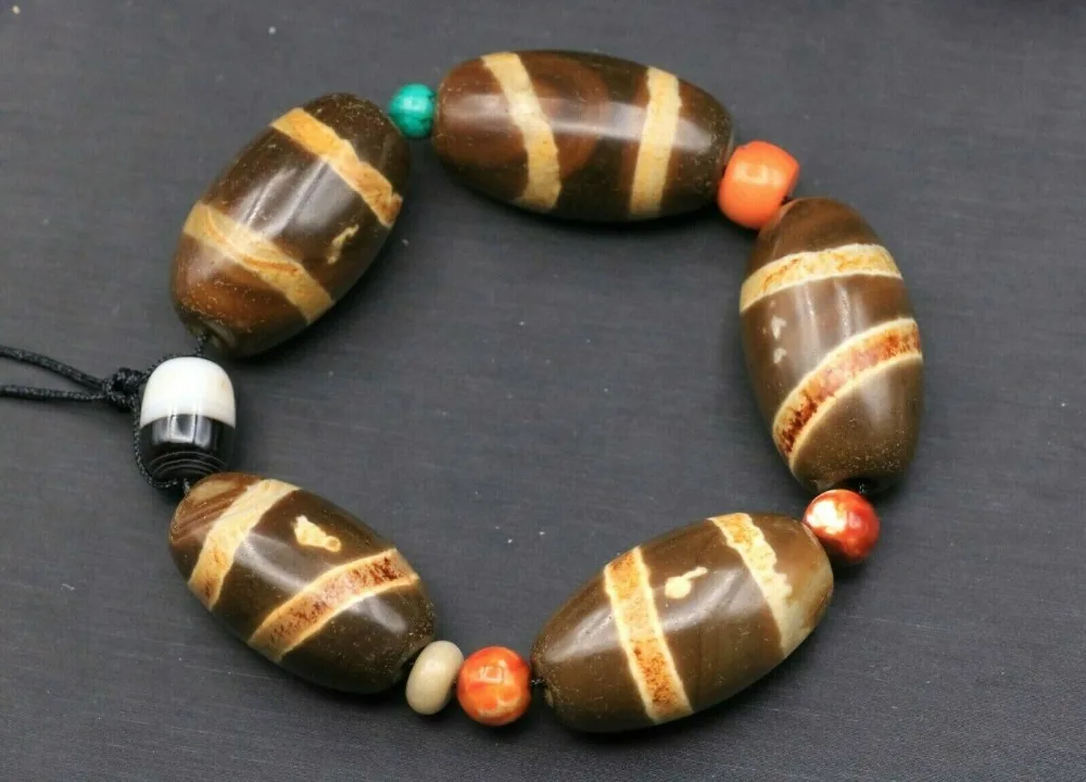 Set of 5 Royal Tibetan Golden Color 2 Stripe Totem Big Daluo dzi Bead  Treasure Amulet Talisman LKbrother Sauces