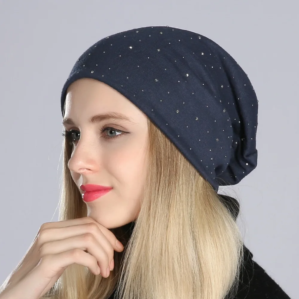 Geebro Women\'s Beanie Hat with Rhinestones Ladies Spring Plain Color Cotton Knitted Slouchy Beanies Bonnet Female Skull Beanie