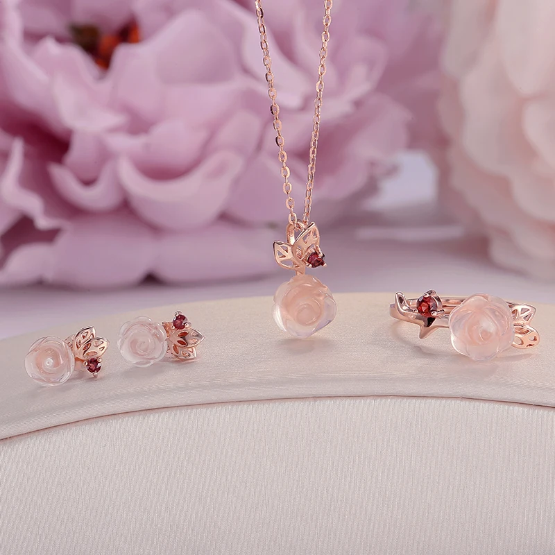 Fine Jewelry Sets For Women Real 925 Sterling Silver 100% Natural Pink Rose Quartz Rose Flower 18K Rose Gold Plated CCV033-1