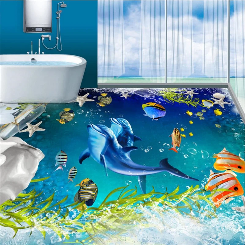 

beibehang 3D Wearable PVC Flooring Beautiful Marine Dolphins Tropical Fish Shell Water Grass 3D Floor papel de parede