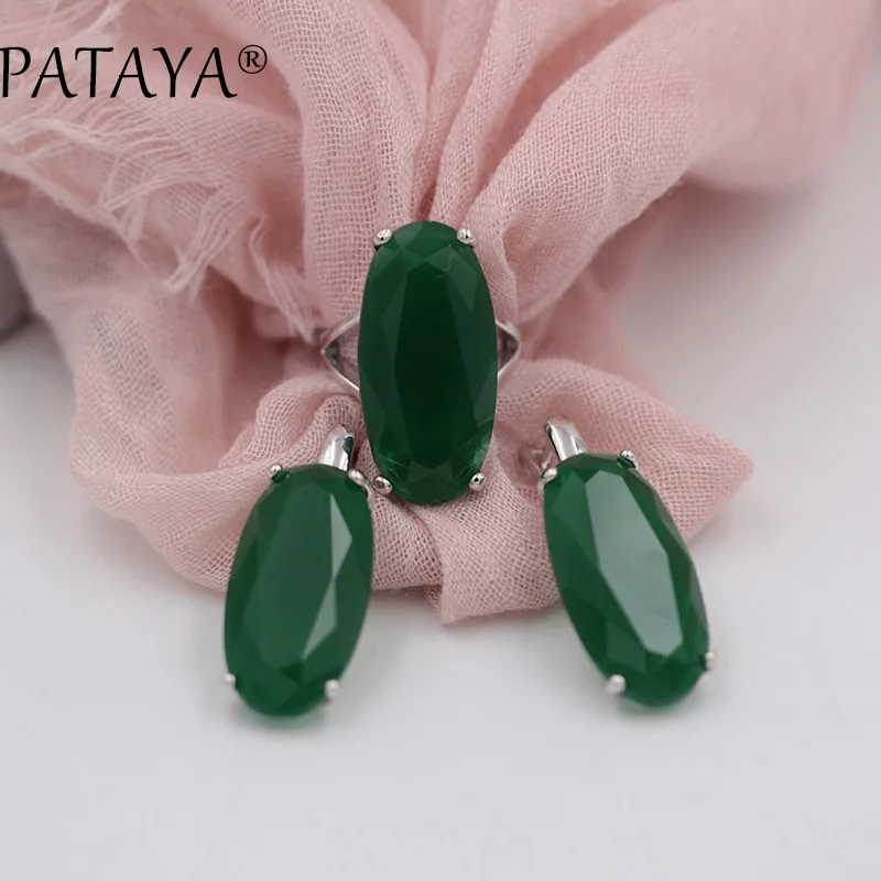 PATAYA New Original Design Set Oval Green Artificial Zircon Big Dangle Earrings Ring Set Women Party Vintage Jewelry