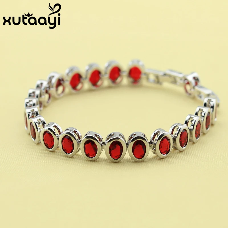 Fashion Jewelry Red Created Garnet Sterling Silver colorOverlay Bracelet For Women Adjustable Link Chain Bracelet Length 18+2 cm