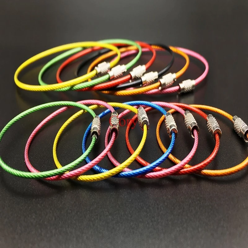 Chaveiro Tag Wire Rope Ring, Loop de cabo de aço inoxidável, Parafuso exterior Lock Gadget, Chaveiro Círculo