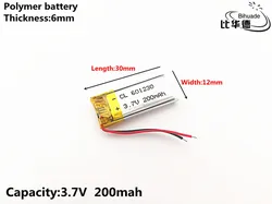 2 sztuk/partia 3.7 V, 200 mAH, 601230 polimerowy akumulator litowo-jonowy/litowo-jonowy do TOY, POWER BANK, GPS, mp3, mp4