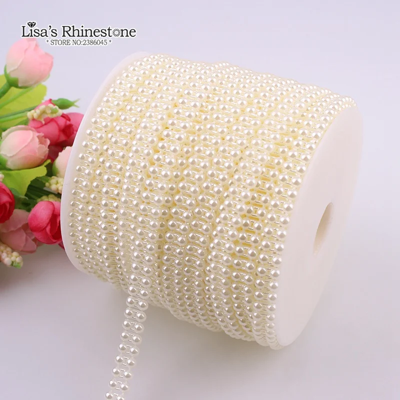 2 Yard Fishing Line Artificial Ivory White 2 Rows 4mm Half Round Flatback Pearl Beads Chain DIY Garland Wedding Decoration