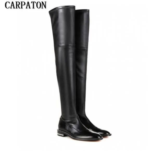 Winter hot selling sexy long boots black stretch leather flat boots woman over the knee flat boots chains decorations boots