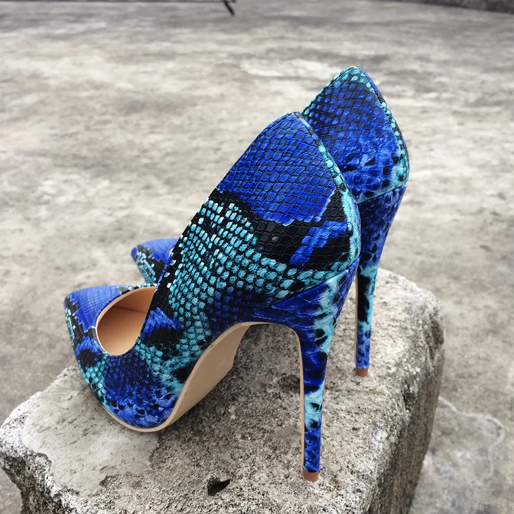 Veowalk Snake Printing Leather Women Super High Heels Sexy Ladies Pointed Toe Stiletto Pumps Slip on Party Shoes Blue