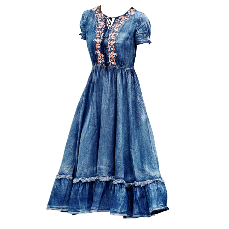 Free Shipping 2022 New Fashion Short Sleeve Denim Dresses For Women Long Mid-calf S-XL Embroidery Summer Big Hem Vintage