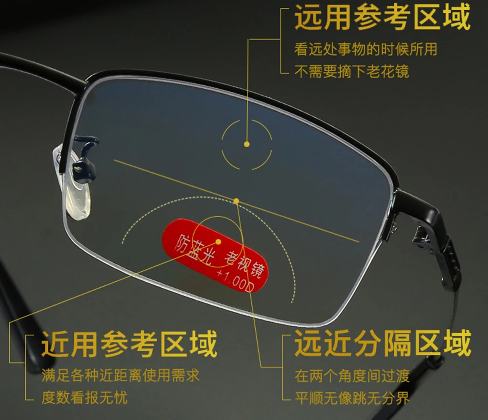 Progressive Multifocal Reading Glasses Half-rim Memory Leg Titanium Alloy Glasses Frame See Near And Far TOP 0 ADD +0.75To +4