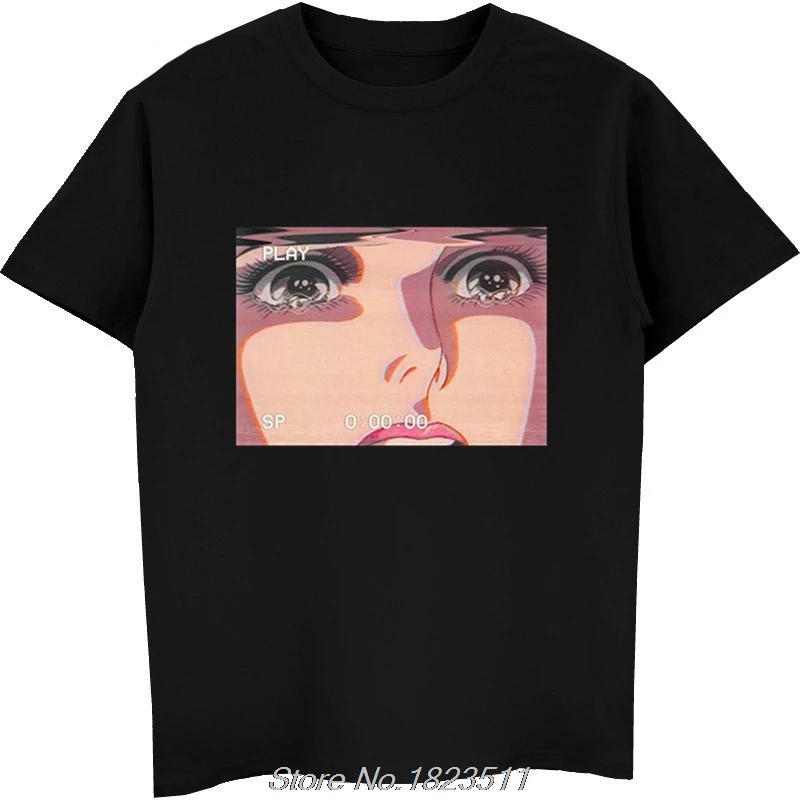 Sad Retro Anime Crying Eyes Vaporwave T-Shirt Men Short Sleeve Tshirt Casual Tees Tops Harajuku Streetwear