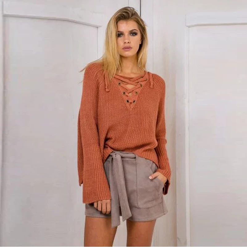 2020 autumn flare sleeve knitted pullover women sweaters and pullovers casual loose v-neck sexy lace up sweater outwear