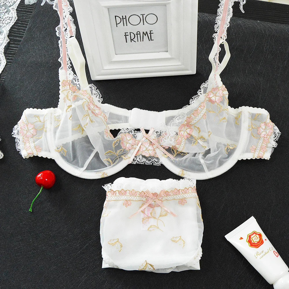 YANDW frauen bh panty VERKÄUFE Getrennt dünne transparente spitze stickerei set mesh Floral 70 75 80 85 90 95 100 A B C D E F G tasse