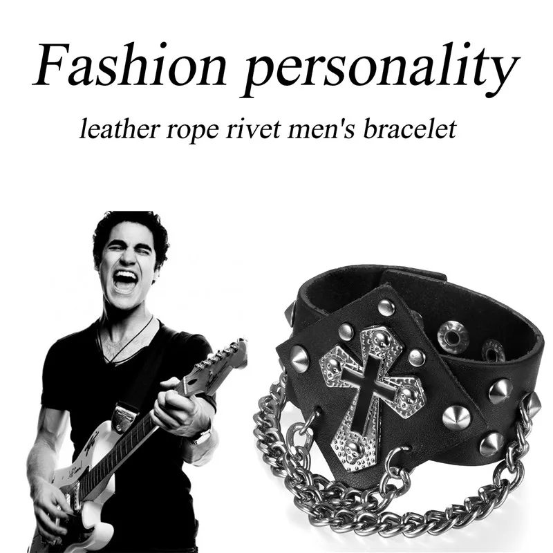 BONISKISS-pulsera de cuero con remaches negros Punk para hombres y mujeres, brazalete con picos, pulsera gótica de Cruz de Rock para joyería de