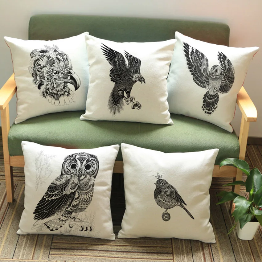 Eagle Pillows Home Decor Black Sketch Tatoo Stylish Birds Nightowl Hawk Swan Cushion Cover High Quality Sofa Pillow Case 45x45cm