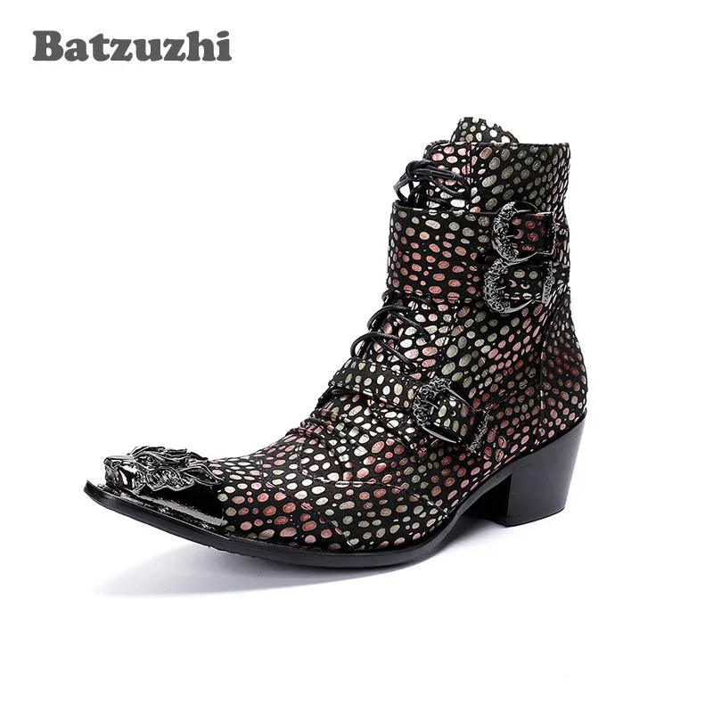 Batzuzhi Handmade Western Cowboy Boots Men Pointed Iron Toe Color Leather Motorcycle Boots Men Botas Hombre 6.5cm Heels Buckles