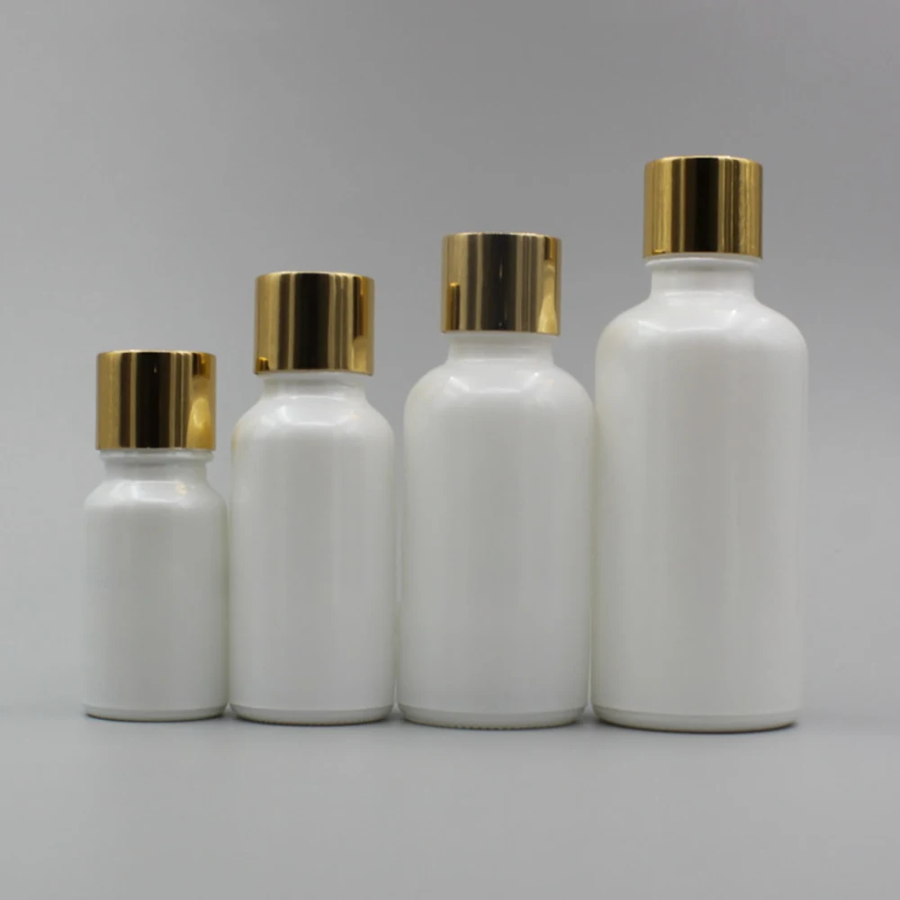 Oil Bottle Cosmetic,50ml Pearl White Glass Essential Oil Bottle with Gold/Silver/Matte Gold Cap