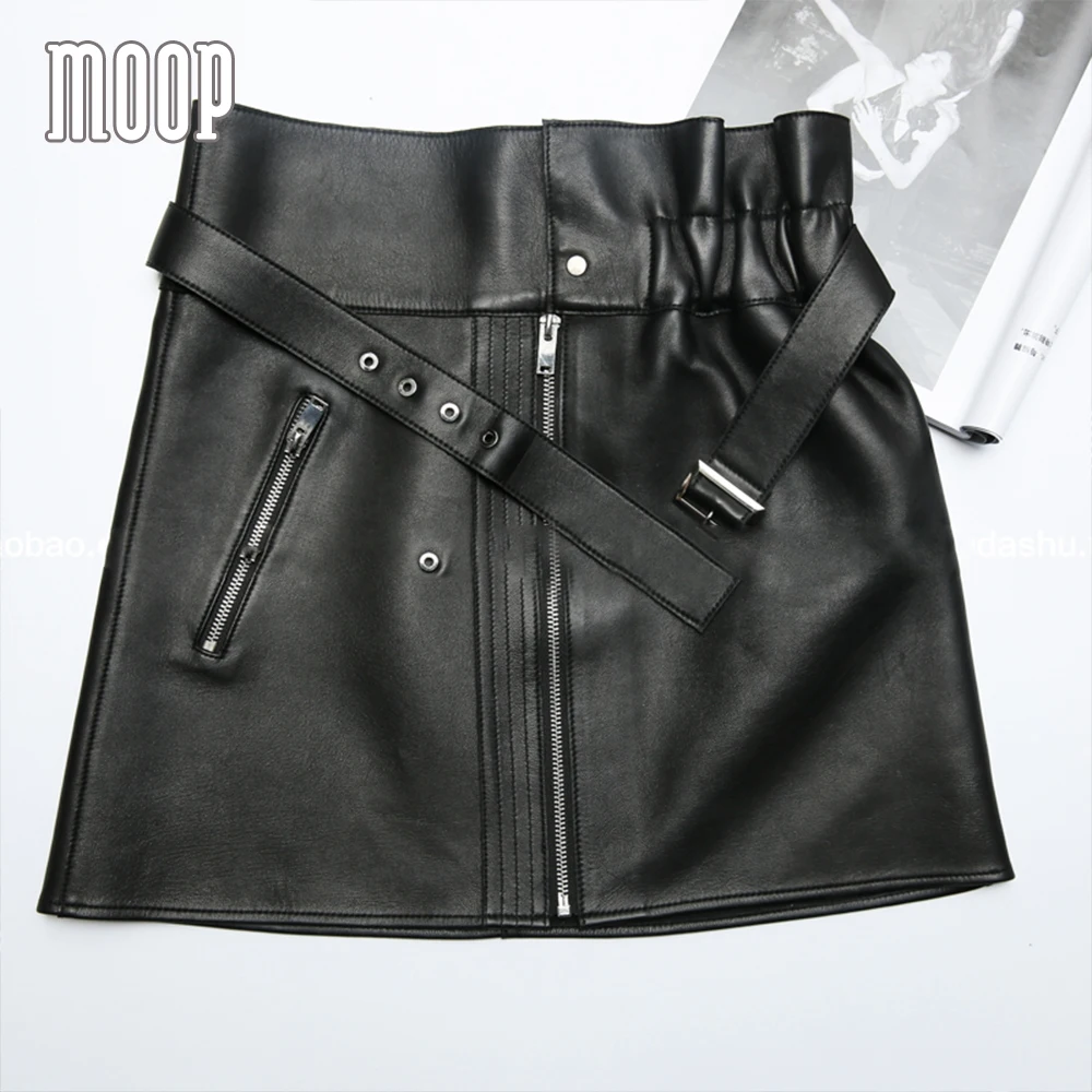 American style women black genuine leather skirt high waist sheepskin mini A-Line skirt belt design faldas jupe saia etek LT1565