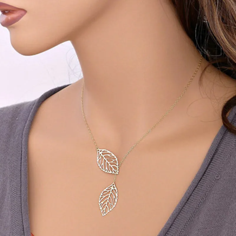 New Double Leaves Women Clavicle Necklace Silver Color Leaf Pendants Necklaces Collares Fashion Jewelry bijoux femme