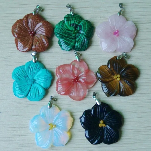 Fashion Mixed  Assorted Carved good quality natural  stone charm flower shape pendants to make jewelry 8pieces free shipping