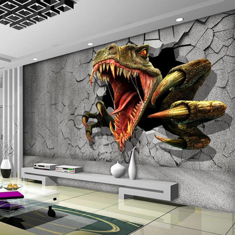 

Custom Size 3D Stereo Brick Modern Creative Art Wall Painting Dinosaur Broken Wall Decoration Living Room Photo Wallpaper Poster