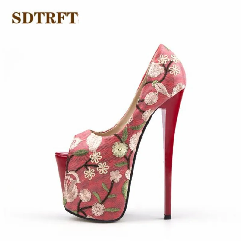 

SDTRFT Sandals Crossdresser Summer Peep Toe 22cm thin high heels sexy club pumps woman Embroidery wedding shoes Stilettos 34-47