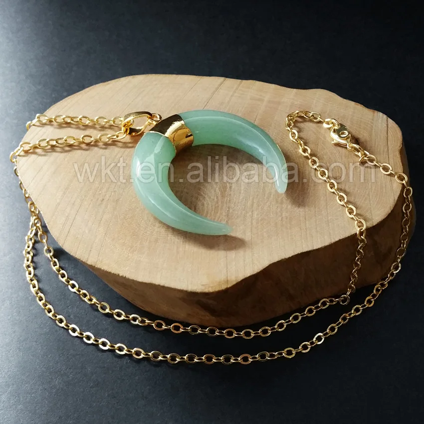 

WT-N701 Wholesale 9*40mm Green Chalcedony and pink quartz stone necklace gorgeous 24k gold various stone necklace as gift