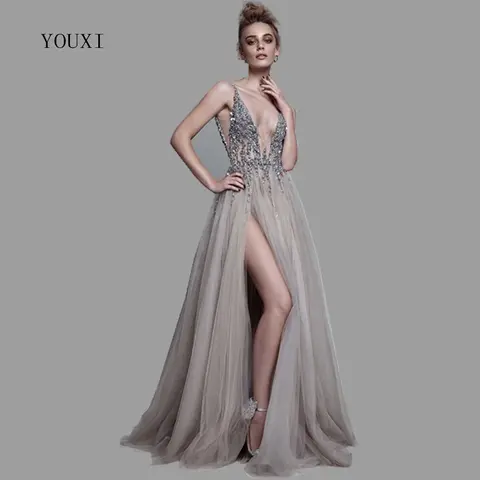 Deep V Evening Dress with Side Slit YOUXI